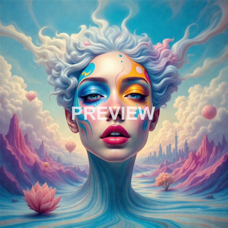 A surreal digital painting of a woman with vibrant, colorful makeup and flowing white hair, set against a fantastical landscape with mountains, hot air balloons, and a city skyline in the distance.